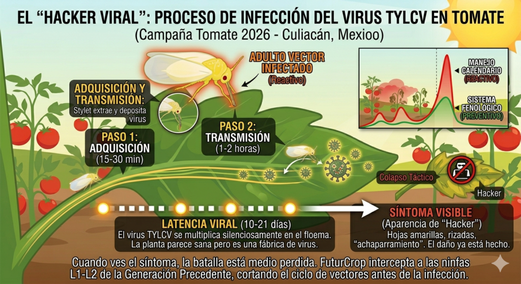 Proceso de infección de virus TYLCV por Bemisia tabaqui en tomate