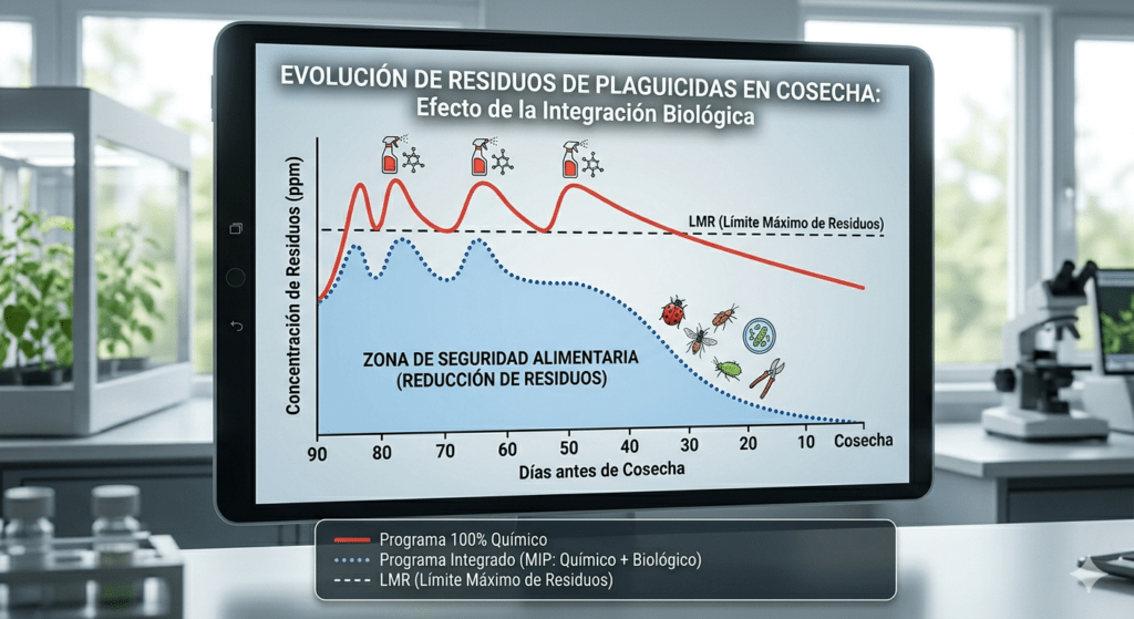 Gráfico comparativo de Futurcrop que muestra la evolución de residuos de plaguicidas en cosecha. Compara un programa 100% químico (curva roja) que supera el LMR frente a un programa de Manejo Integrado de Plagas (MIP) con control biológico (curva azul), logrando una reducción drástica de residuos en la 'Zona de Seguridad Alimentaria' hacia la cosecha. Visualizado en una tableta en un laboratorio.