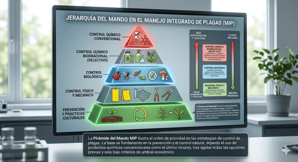 Pirámide del Manejo Integrado de Plagas MIP - Integración control químico y biológico