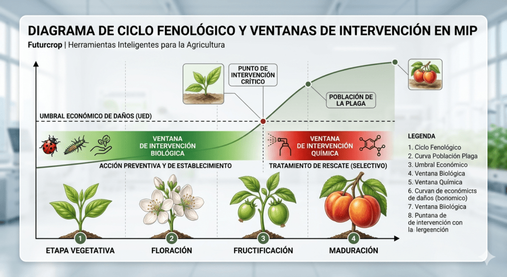Diagrama de ciclo fenológico del cultivo y curva de crecimiento de plaga. Muestra la ventana de intervención para control biológico preventivo y el umbral económico de daños para la intervención química selectiva en Manejo Integrado de Plagas.