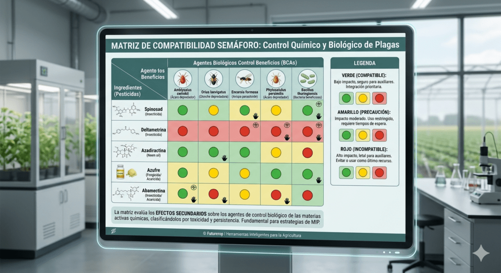 Infografía detallada de una Matriz de Compatibilidad Semáforo de Futurcrop para el manejo integrado de plagas (MIP). La imagen muestra una tabla visual que clasifica la interacción de agentes de control biológico como Orius, Swirskii y Phytoseiulus contra ingredientes activos químicos como Abamectina, Deltametrina y Spinosad. Utiliza códigos de colores semáforo: verde (compatible/bajo impacto), amarillo (precaución/persistencia corta) y rojo (incompatible/nocivo), basándose en referencias de IOBC/Koppert.